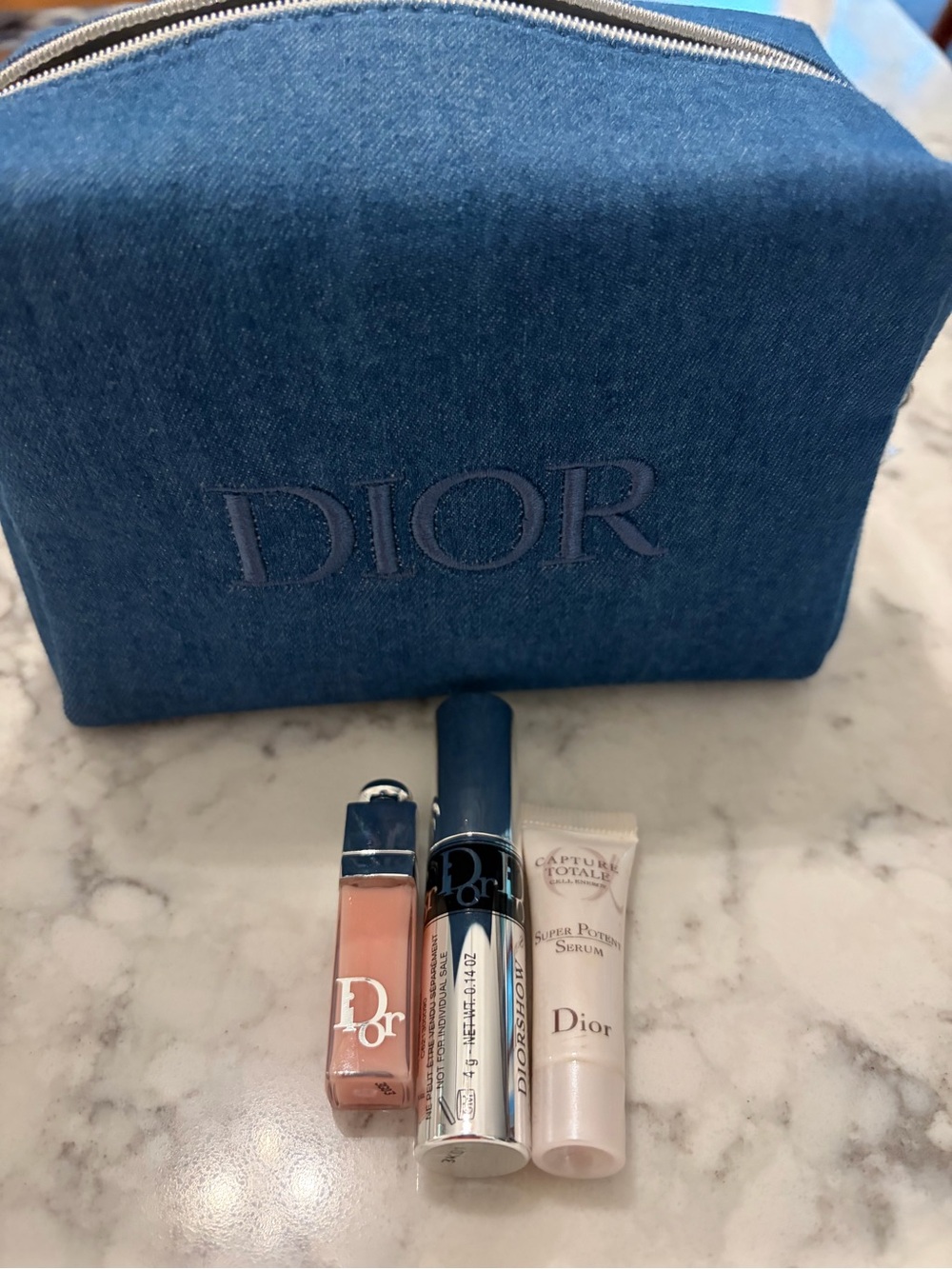 Dior Denim Blue Cosmetic Pouch with Lip Plumper, Mascara & Skincare. NWT